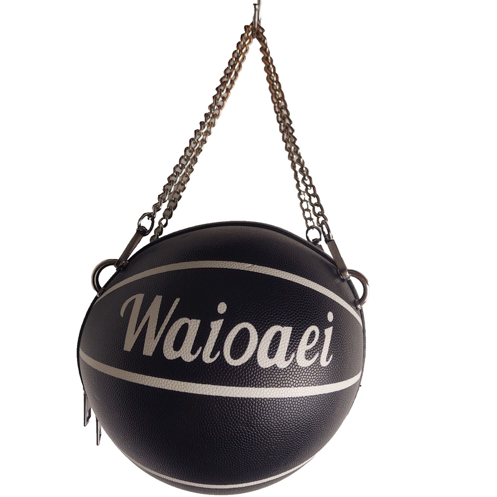 Basketball Shaped Handbag Purse Messenger Bag Double Chain Straps Black Waioaei
